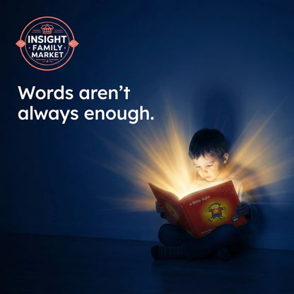 Young boy reading glowing book in dark room, sensory-friendly, learning support image