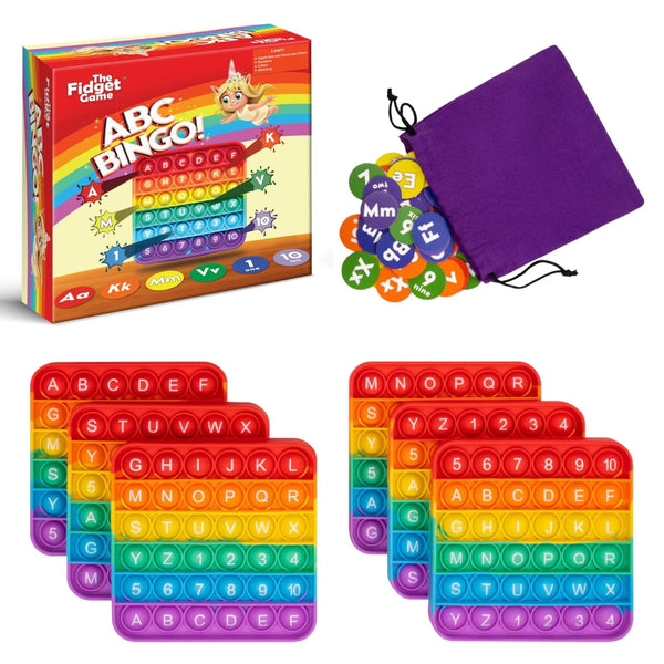ABC Bingo sensory fidget game with rainbow pop-it boards, letter tokens, and purple pouch