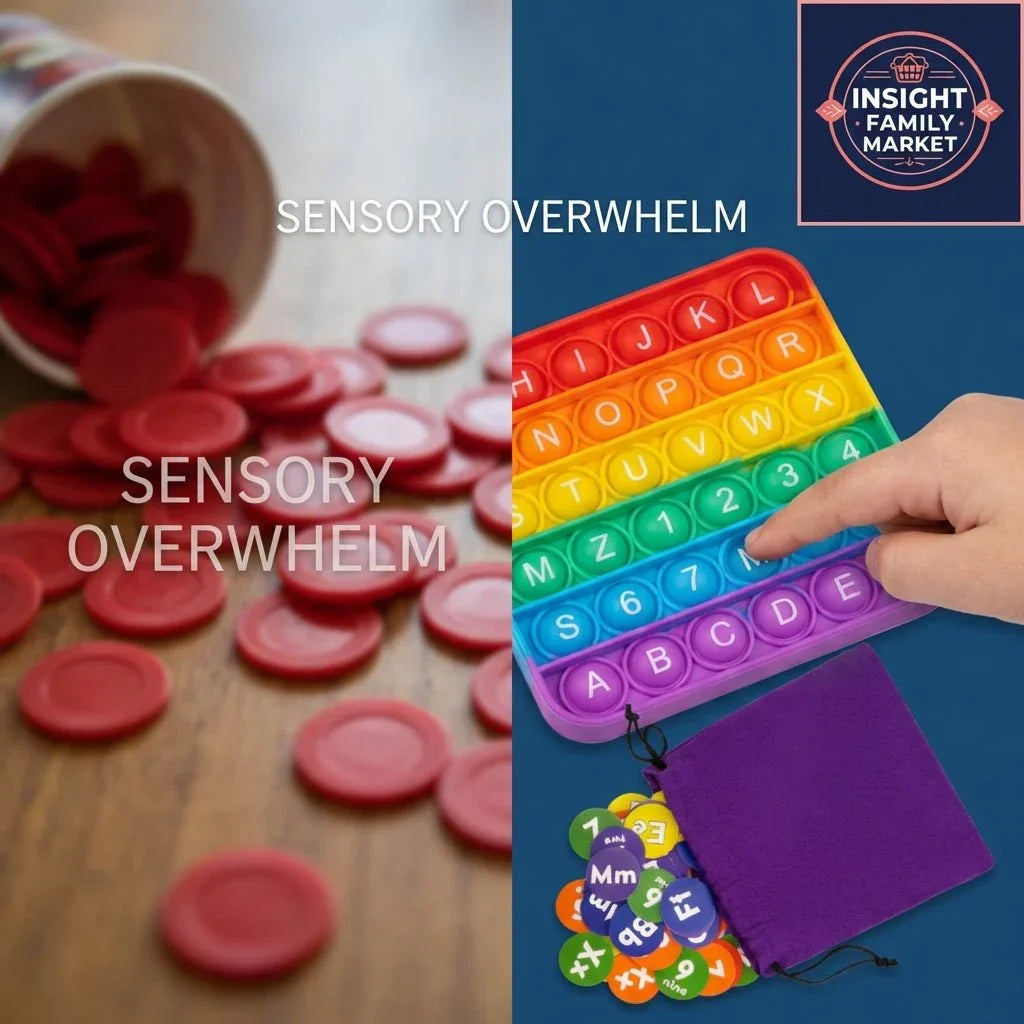 Sensory overwhelm visual with spilled red tokens and a hand using a colorful alphabet pop-it fidget toy