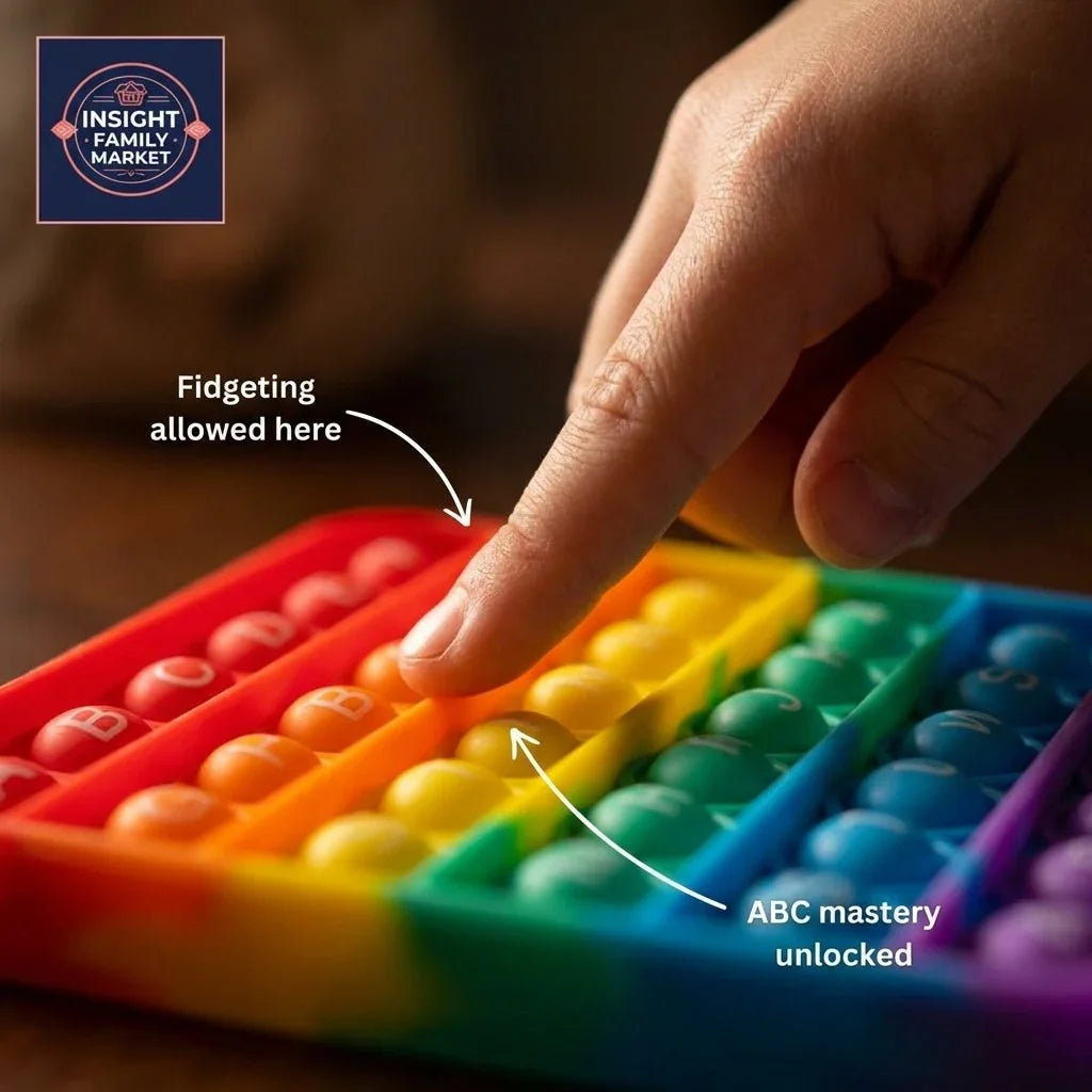Child's finger pressing colorful sensory ABC pop-it toy, learning and fidget support tool.