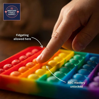 Child's finger pressing colorful sensory ABC pop-it toy, learning and fidget support tool.