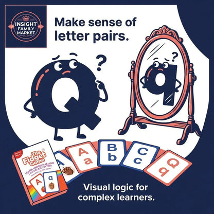 Illustration of letter Q character looking at reflection of lowercase q, with learning cards for visual logic and literacy support for unique learners.