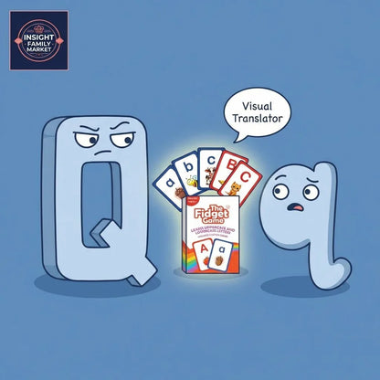 Cartoon letters Q and q with The Fidget Game learning cards, visual translator bubble.