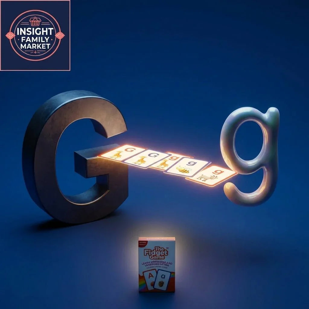 Educational game showing uppercase and lowercase G with illustrated letter cards on a blue background