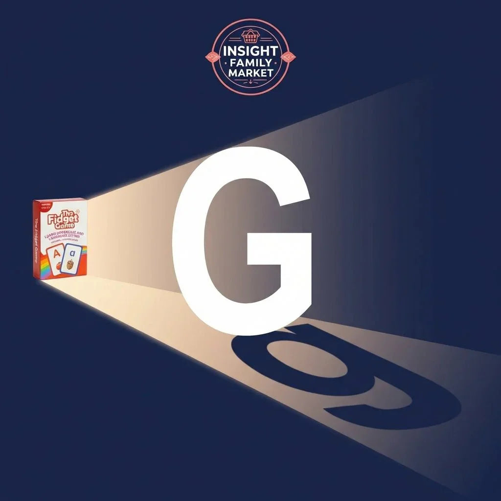 The Fidget Game learning tool box projecting a large letter G in a spotlight effect.