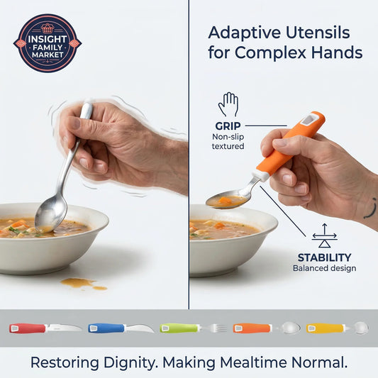 Adaptive utensils for complex hands with a person using them to eat soup, labeled 'Insight Family Market'.