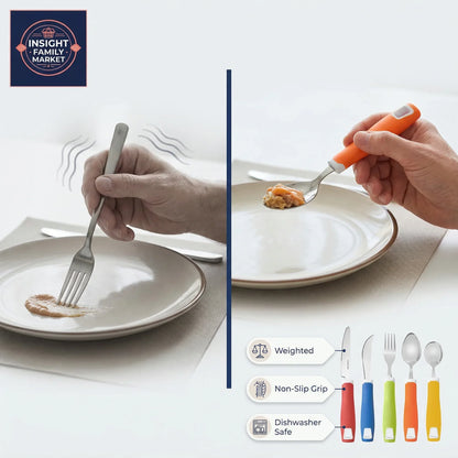 Hands using forks to eat from plates with different colored handles, featuring 'Insight Family Market' logo.