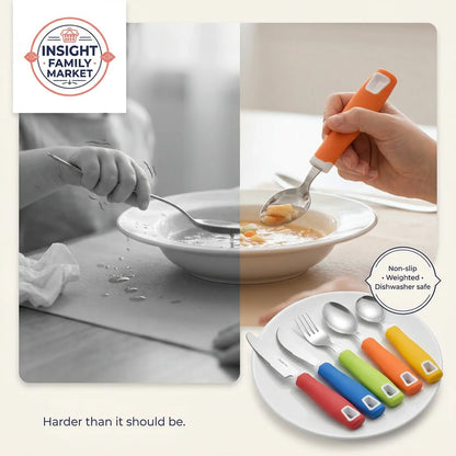 Colorful utensils with non-slip handles on a plate, next to a bowl of cereal.