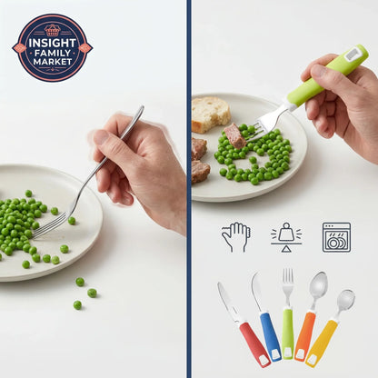 Two hands using forks to eat peas from plates, with colorful cutlery set on a white background.