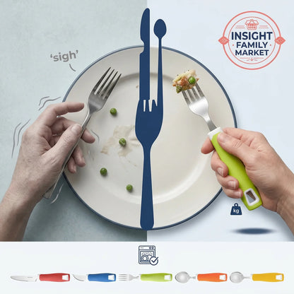 Silhouette of a knife and fork on a plate with hands holding real utensils, featuring Insight Family Market branding.