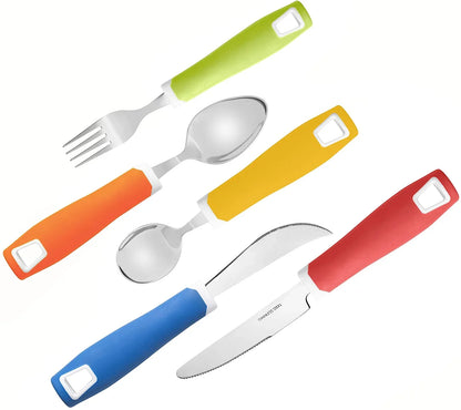 Adaptive cutlery set with colorful handles, stainless steel fork, spoon and knife