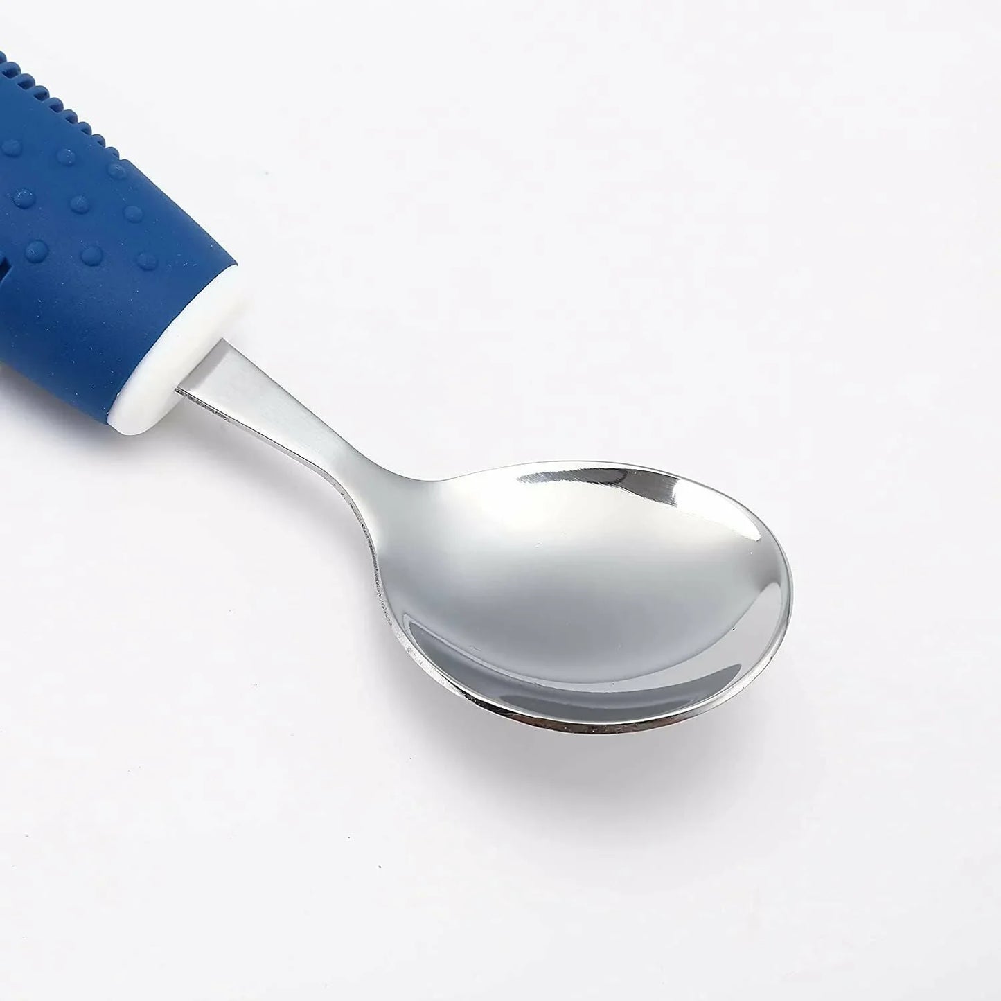 Adaptive spoon with textured blue ergonomic handle for sensory-friendly eating