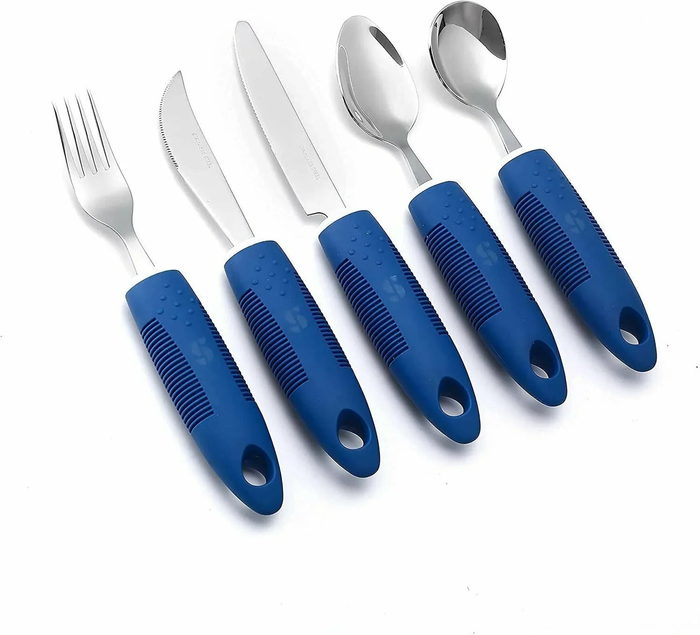 Set of adaptive utensils with non-slip blue handles, fork, knives, and spoons on white background