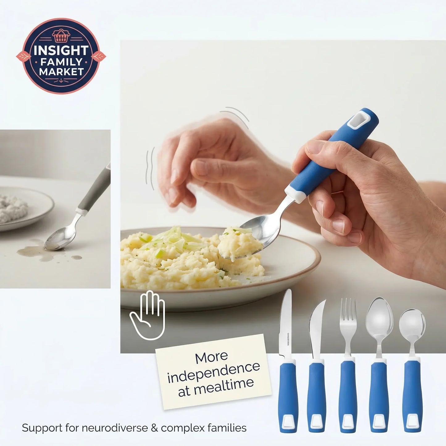 Hand holding a blue spoon with a white handle, above a plate of food, with 'Insight Family Market' logo.