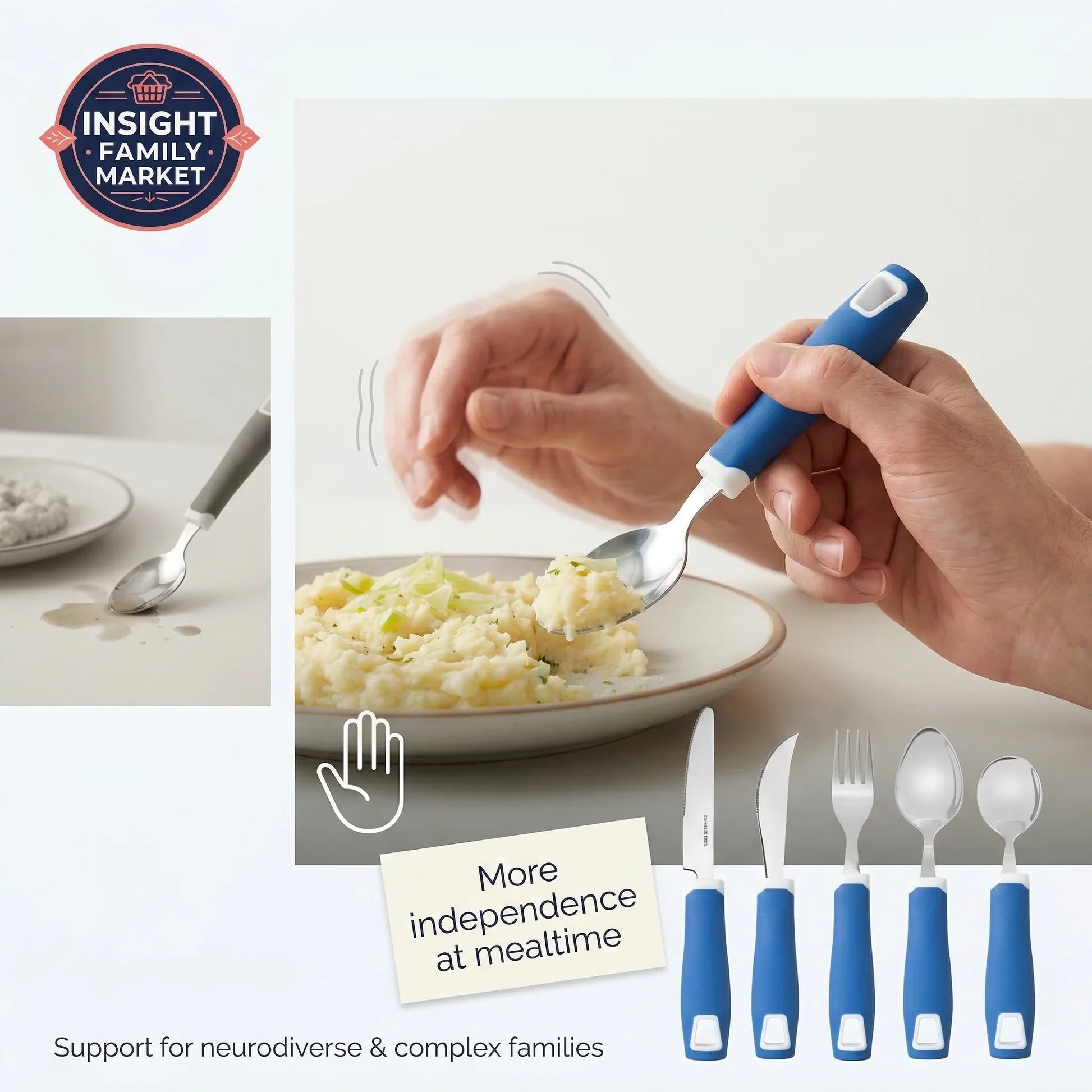 Hand holding a blue spoon with a white handle, above a plate of food, with 'Insight Family Market' logo.