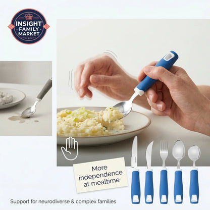 Hand holding a blue spoon with a white handle, above a plate of food, with 'Insight Family Market' logo.