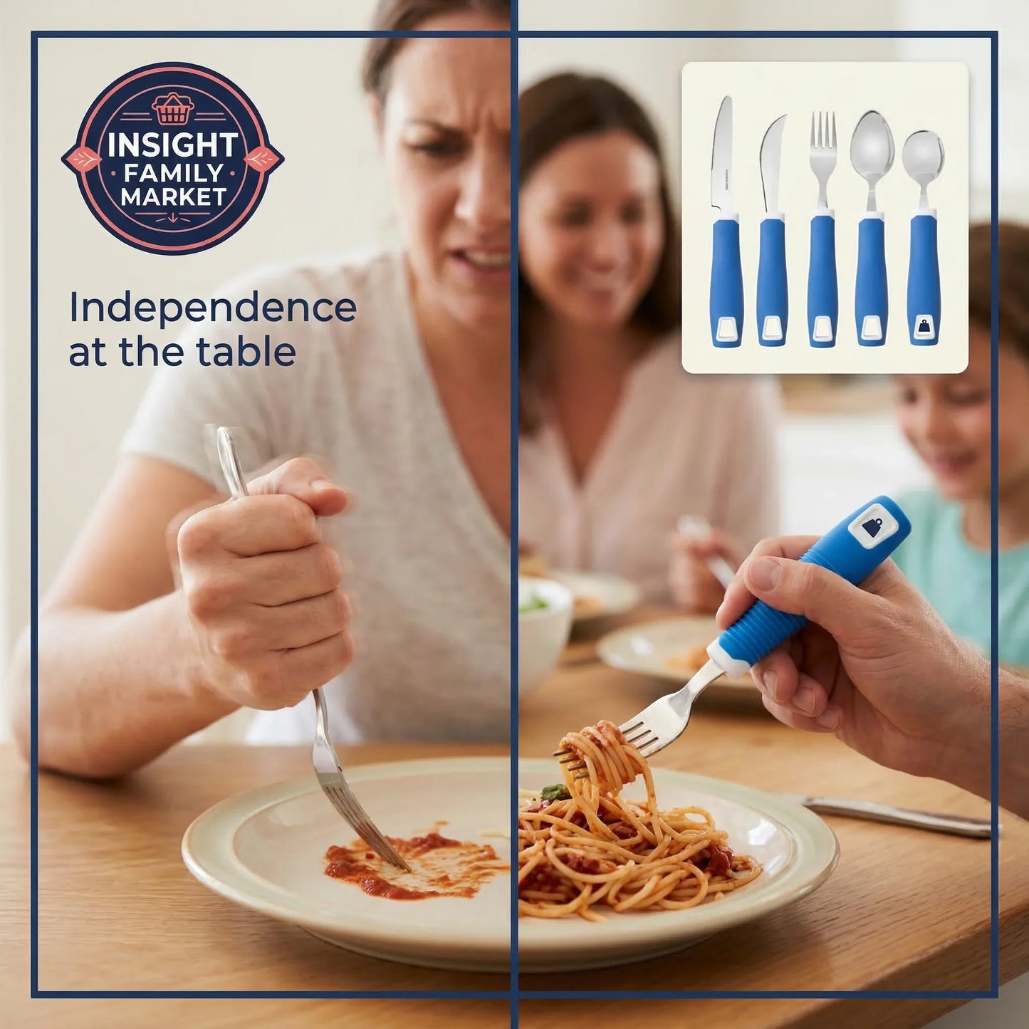 Woman using a blue fork and knife set at a table with pasta, with 'Insight Family Market' branding.