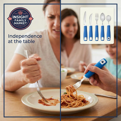 Woman using a blue fork and knife set at a table with pasta, with 'Insight Family Market' branding.