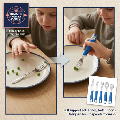 Children using a fork with support, promoting independent dining skills.
