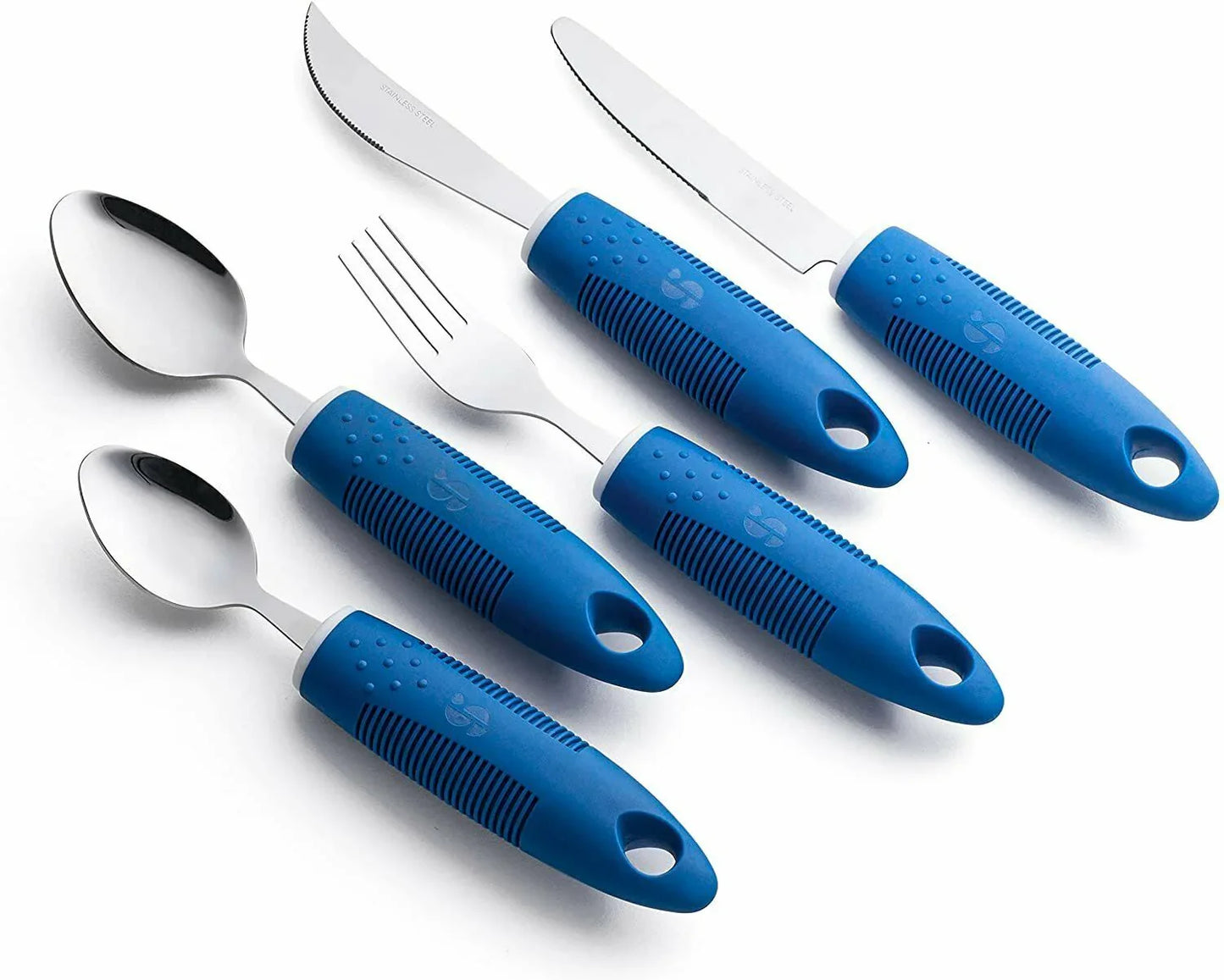 Adaptive utensils set with blue easy-grip handles, including spoons, fork, and knives