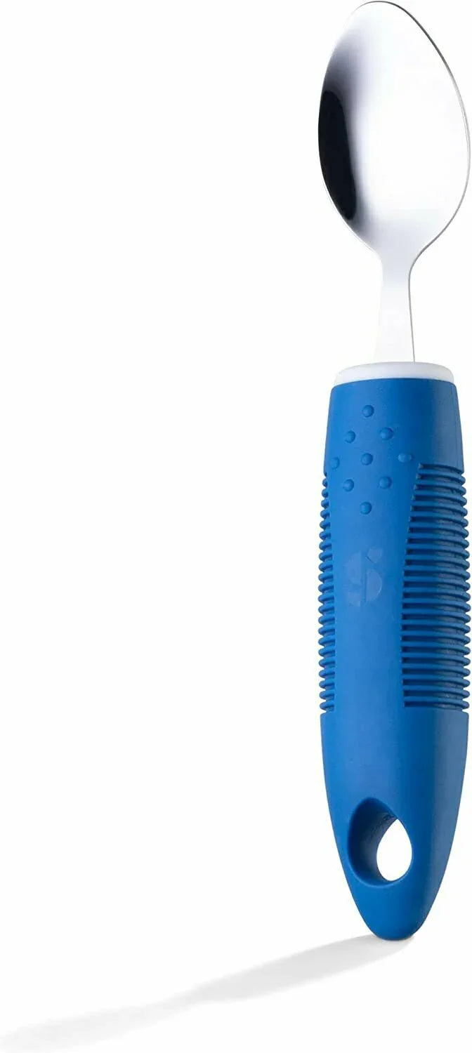 Adaptive spoon with textured blue sensory-friendly handle for easy gripping