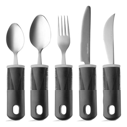 Adaptive cutlery set with non-slip black handles, includes spoon, fork, and knives