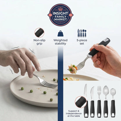 Fork and knife set with features highlighted, including non-slip grip and weighted stability, on a white background.