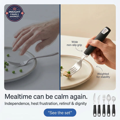 Product advertisement for a fork with a wide non-slip grip, showing a hand using it to eat from a plate.