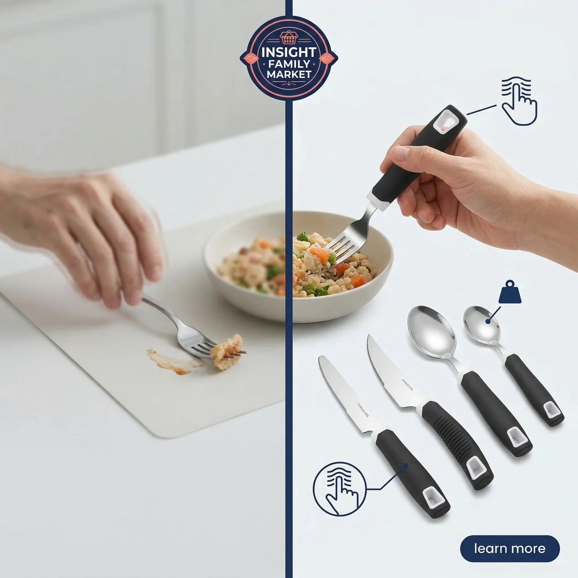 Set of black-handled cutlery with a hand holding a fork over a bowl of food, and a hand reaching for a fork on a placemat.