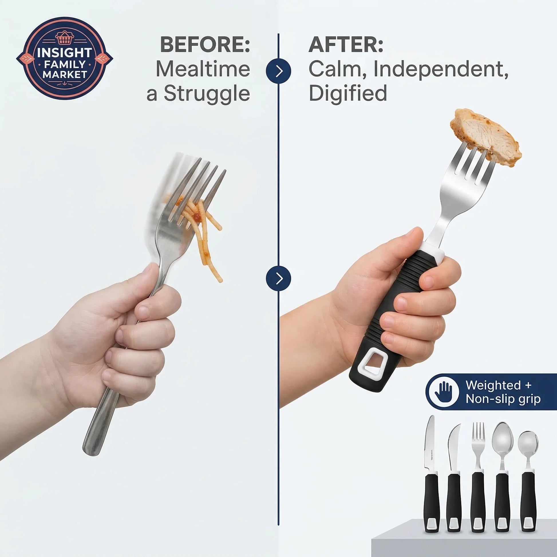 Before and after comparison of a child's hand using a regular fork with food and a weighted fork with cutlery set.