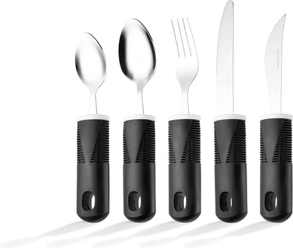 Adaptive utensil set with black easy-grip handles for sensory-friendly dining support