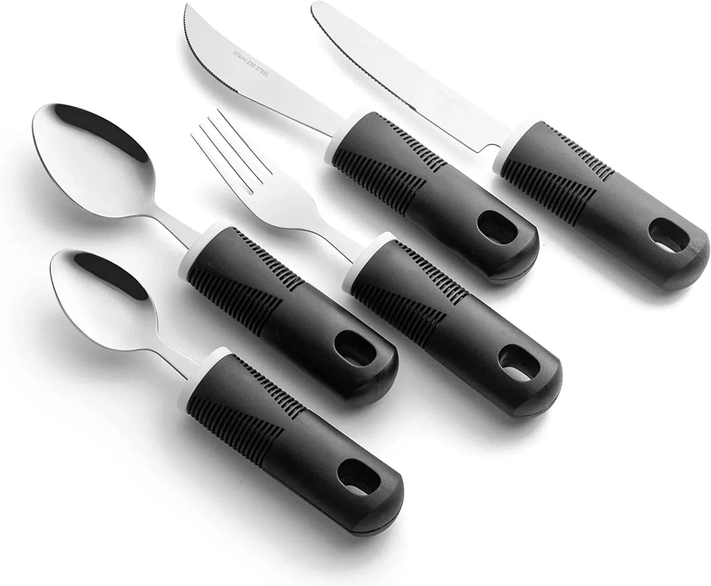 Adaptive utensils set with ergonomic black handles for easy grip, includes spoons, fork, and knives