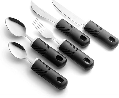 Adaptive utensils set with ergonomic black handles for easy grip, includes spoons, fork, and knives