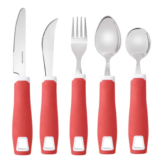 Adaptive utensils set with red ergonomic handles for sensory-friendly eating