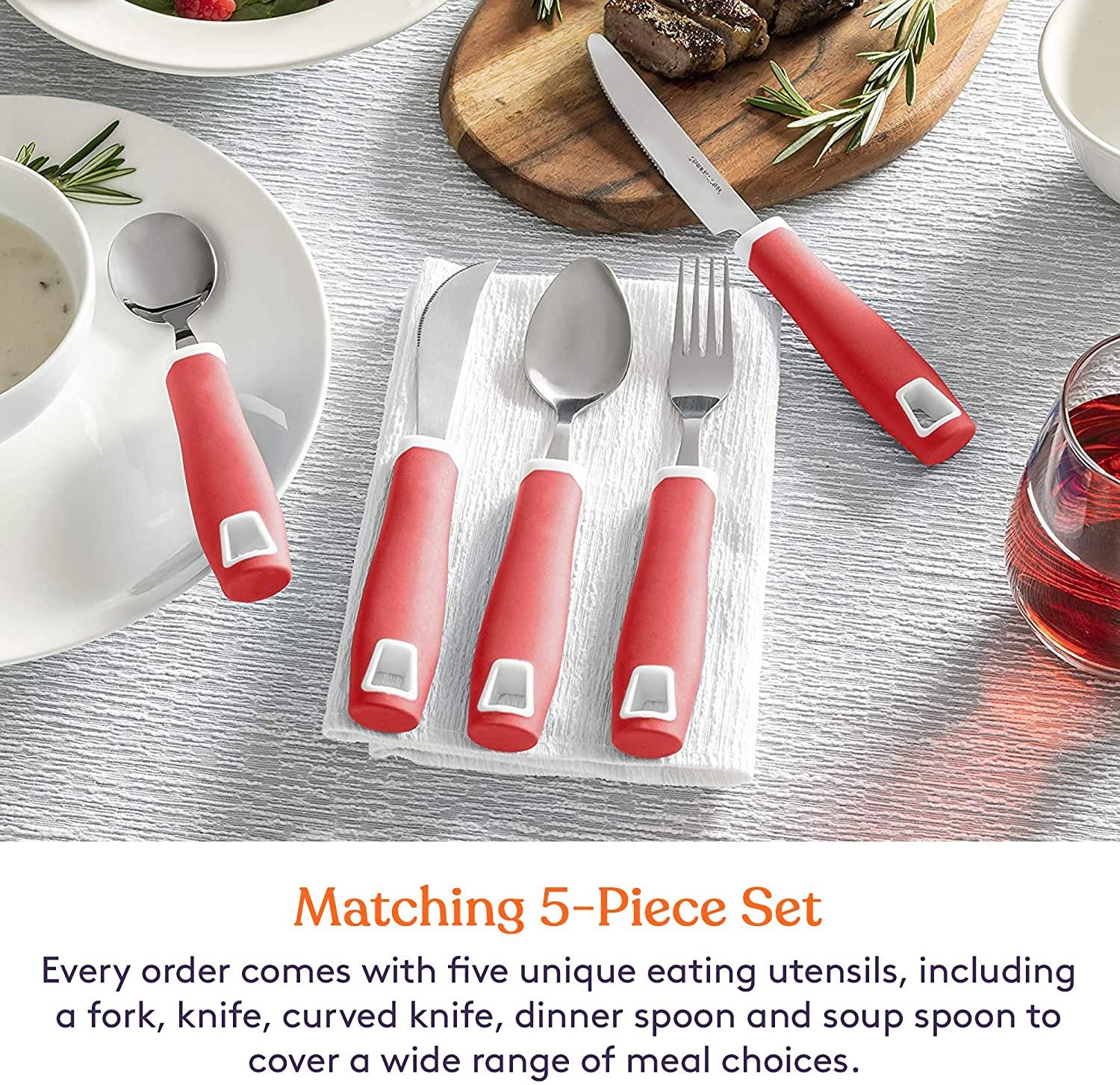 Adaptive red handle 5-piece utensil set with fork, knives, spoons on dining table.