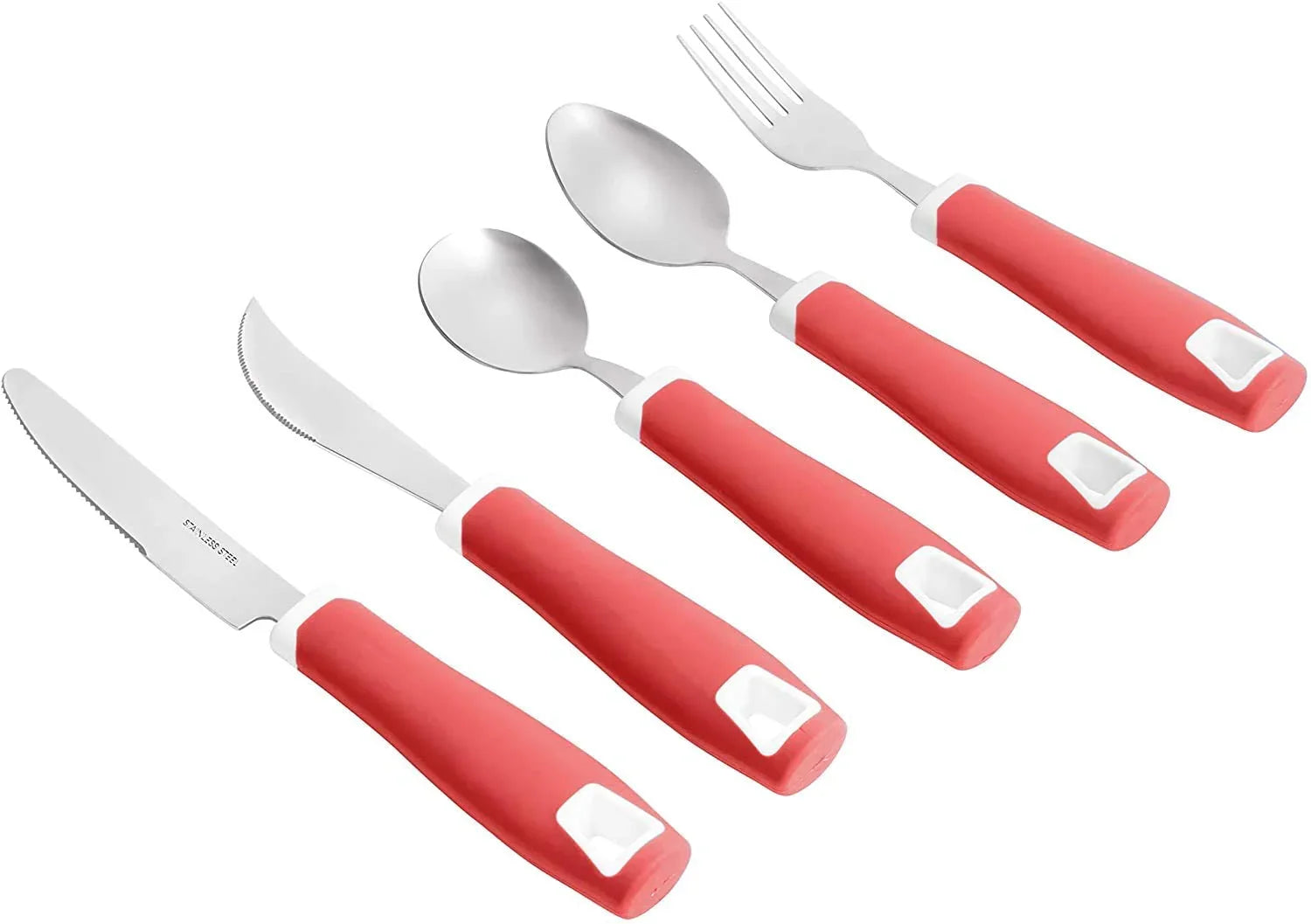 Adaptive utensils set with red easy-grip handles, including knives, spoons, and fork