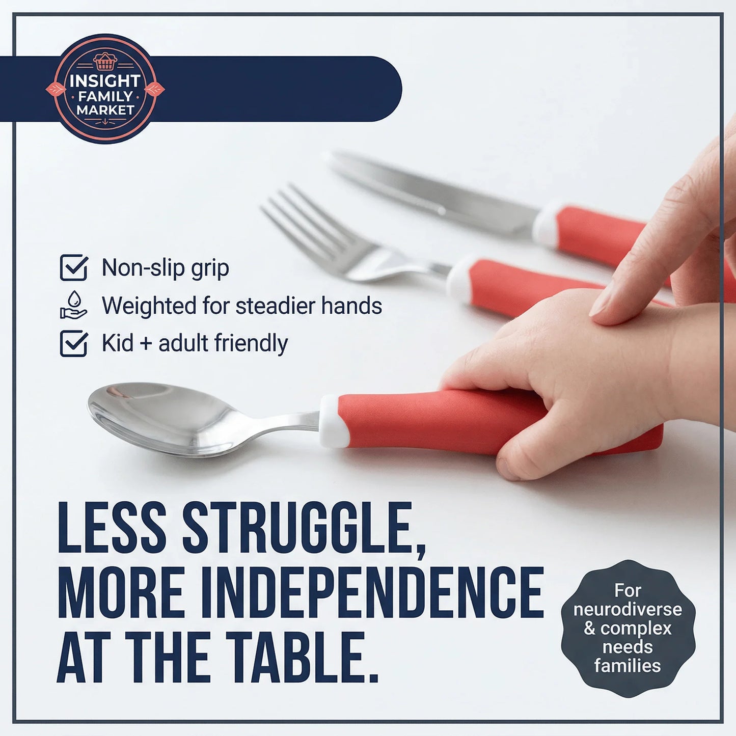 Adaptive utensils with red non-slip grips, held by a child’s hand, for independent eating.
