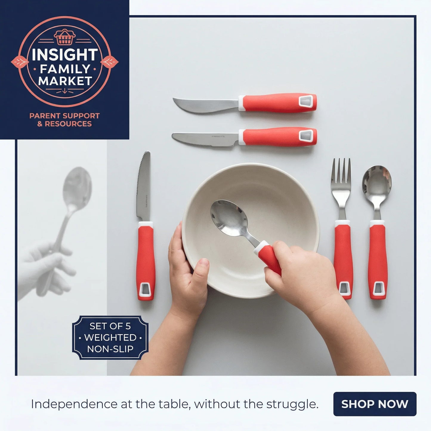 Child using adaptive weighted non-slip utensils with red handles at a table, bowl in center