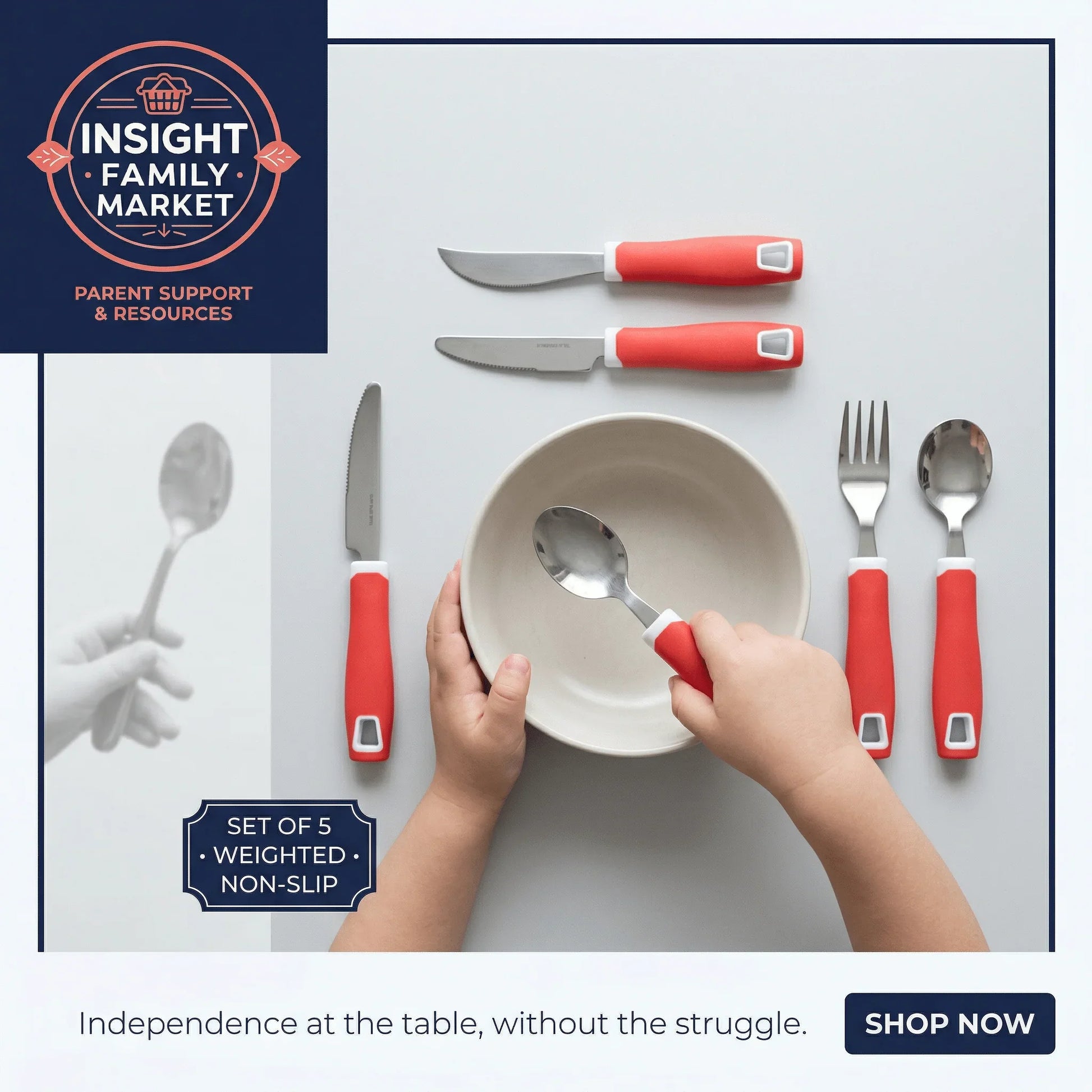 Child using adaptive weighted non-slip utensils with red handles at a table, bowl in center