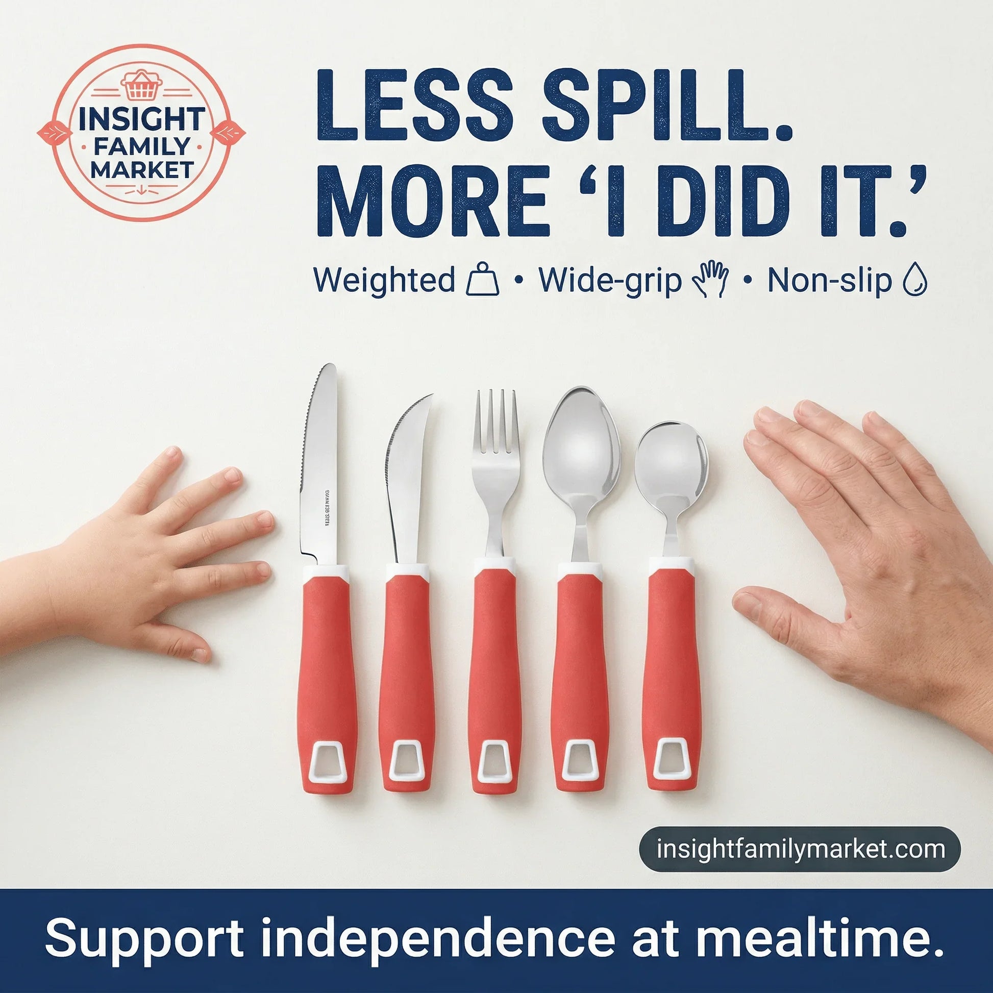 Weighted wide-grip red adaptive utensils for kids, supporting independent eating