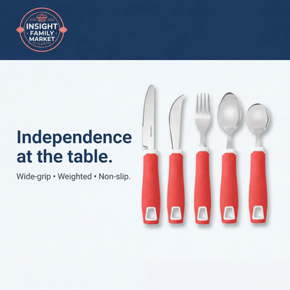 Adaptive utensils with wide-grip red handles for independence at mealtime support