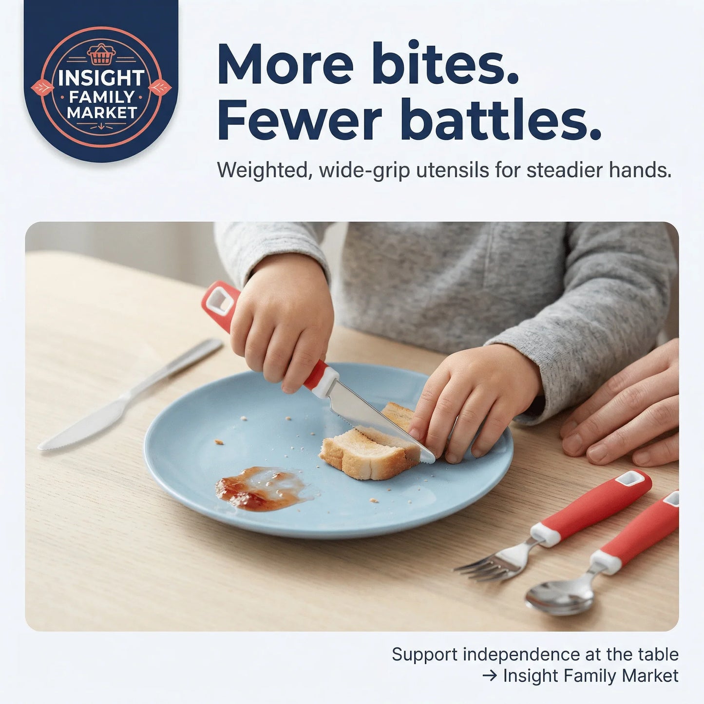 Child using weighted wide-grip utensils to cut bread on a plate, promoting independent eating.