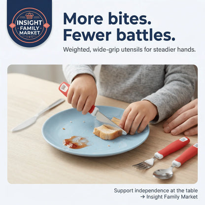 Child using weighted wide-grip utensils to cut bread on a plate, promoting independent eating.