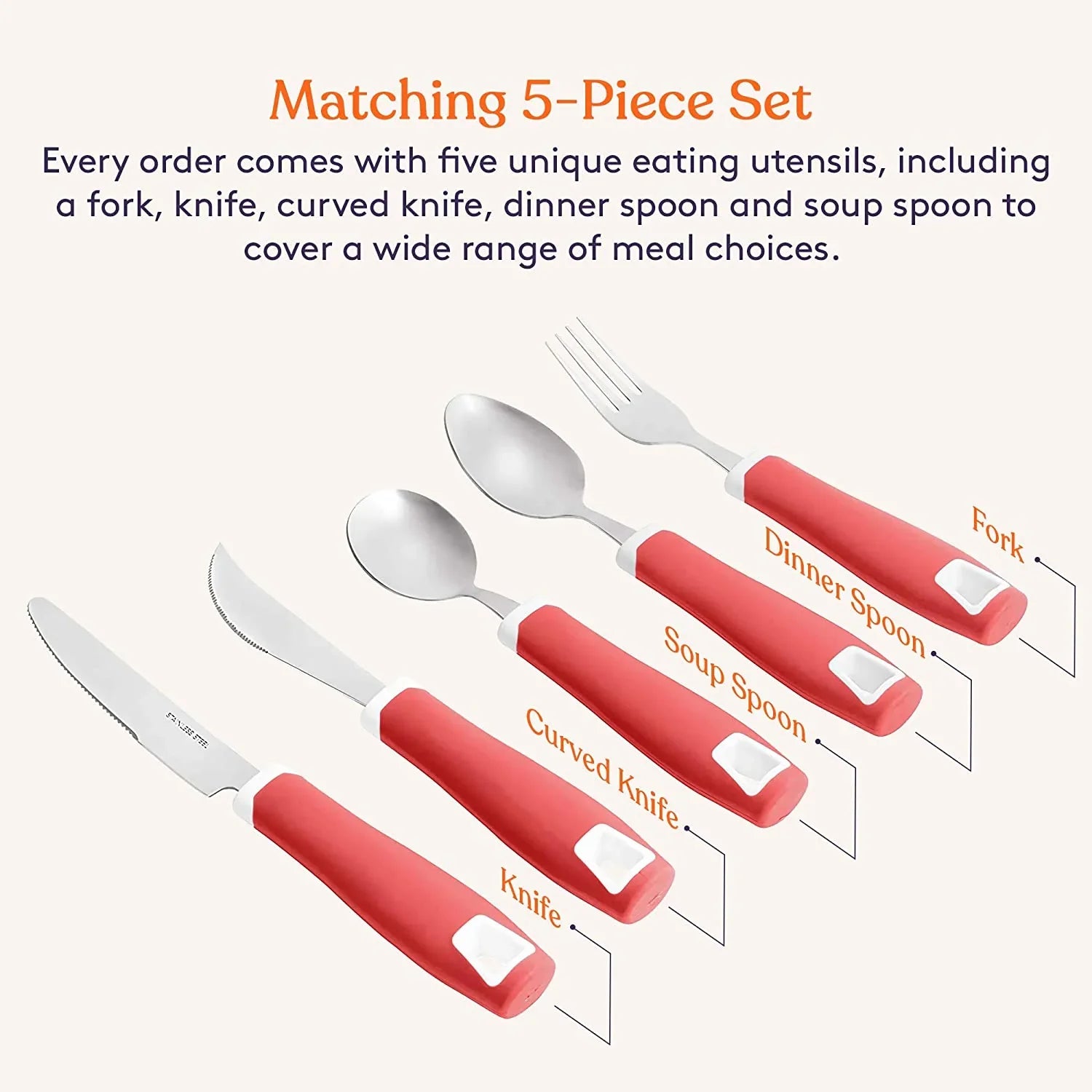Five-piece adaptive utensil set with red easy-grip handles including fork, knives, spoons