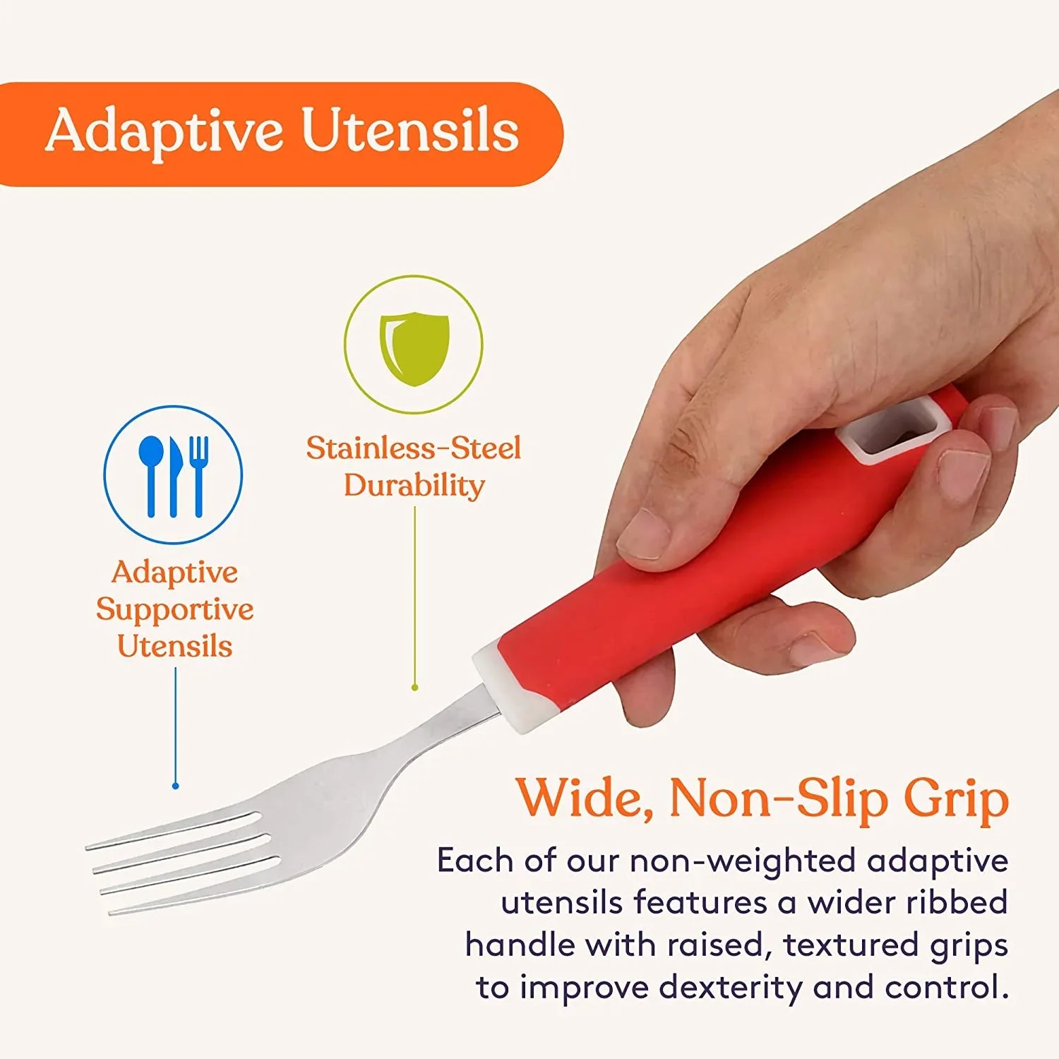 Hand holding adaptive fork with red wide non-slip grip handle, stainless steel utensil.