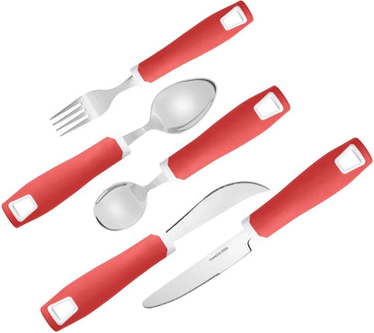 Adaptive utensils set with red easy-grip handles, includes fork, spoons, and knife
