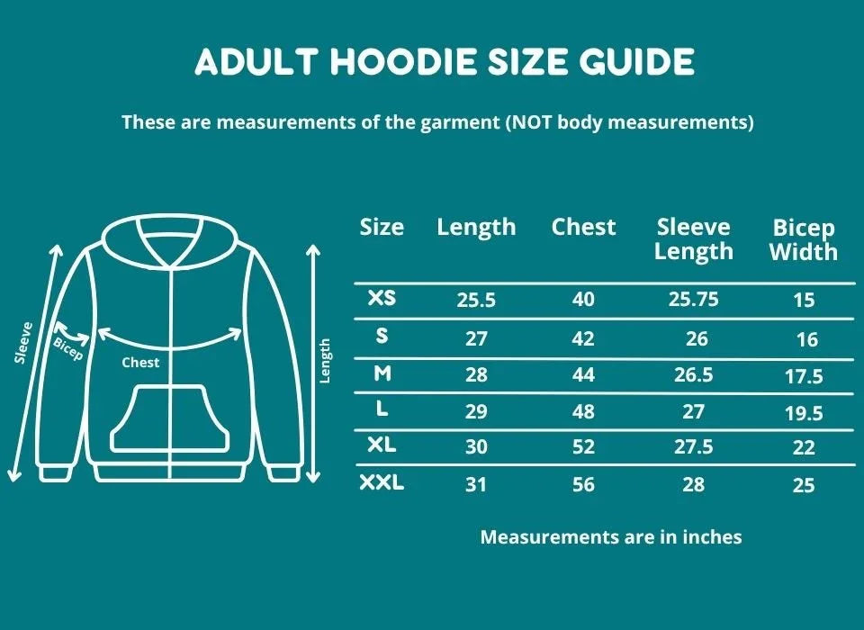 Adult hoodie size guide chart with measurements for chest, sleeve, length, and bicep in inches.