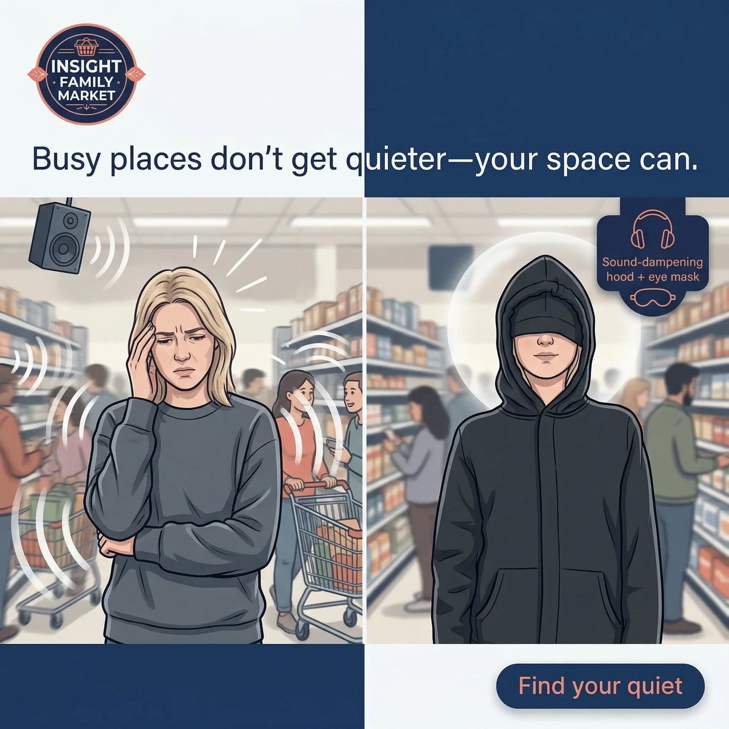 Person overwhelmed by noise in a busy store, then calm wearing a sound-dampening hood and eye mask