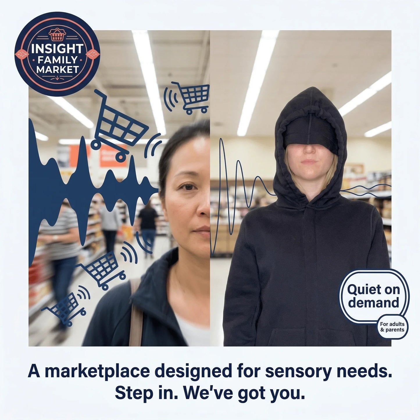 Split image of two adults in a store, one experiencing sensory overload and one calm in sensory-friendly clothing; emphasizes sensory support and quiet on demand.