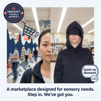 Split image of two adults in a store, one experiencing sensory overload and one calm in sensory-friendly clothing; emphasizes sensory support and quiet on demand.